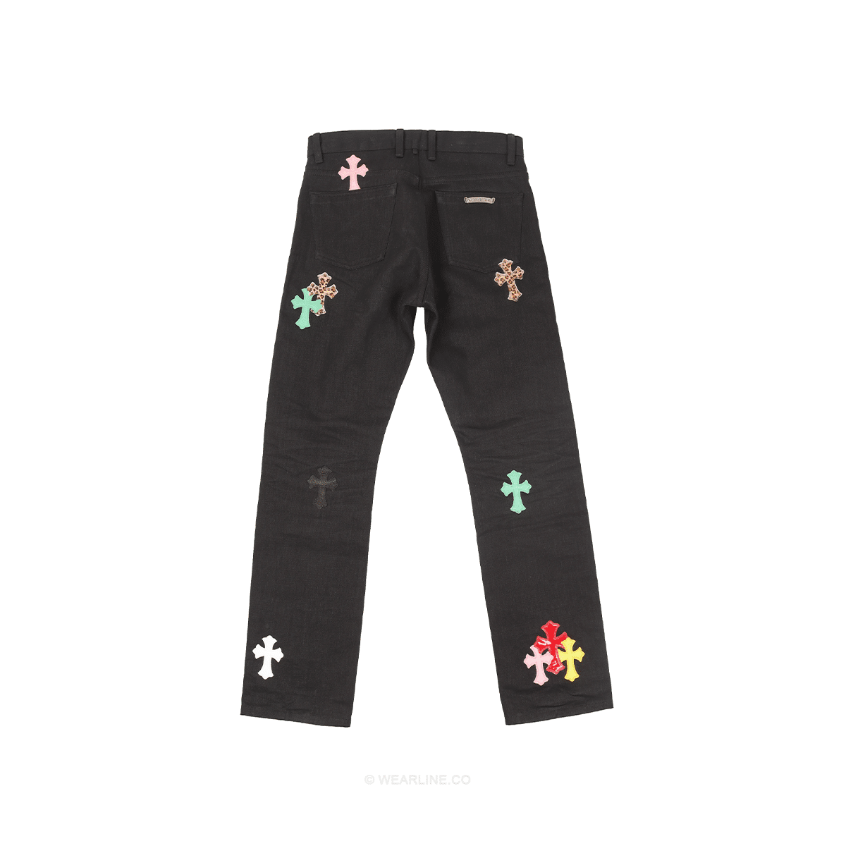 CHROME HEARTS BLACK JEANS IN LIGTH BLUE RED YELLOW LEATHER CROSS