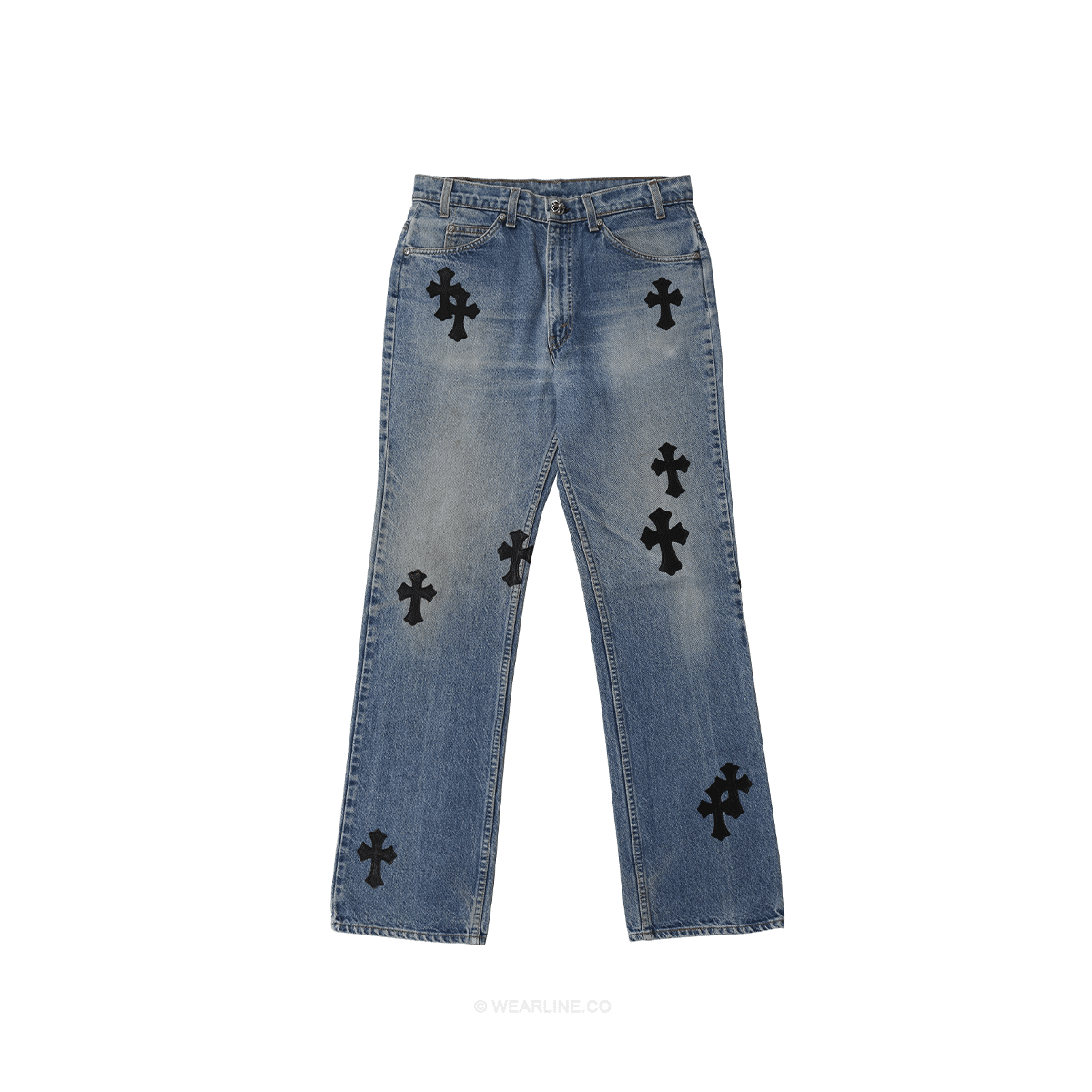 CHROME HEARTS LIGHT BLUE DENIM JEANS IN BLACK LEATHER CROSS PATCH