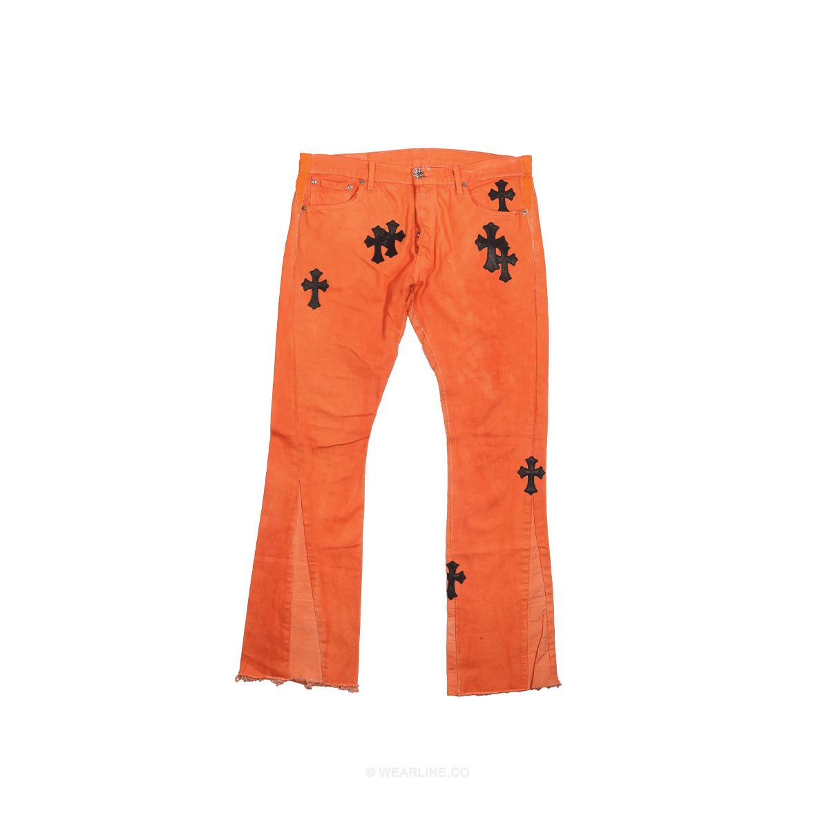 CHROME HEARTS ORANGE JEANS IN BLACK LEATHER CROSS PATCH - ANOSIO